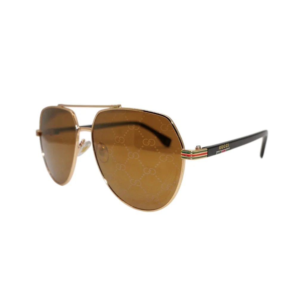 Gucci GG105 Sunglasses 59-15-132 Gold Aviator Brown GG Logo Lens Black Temple